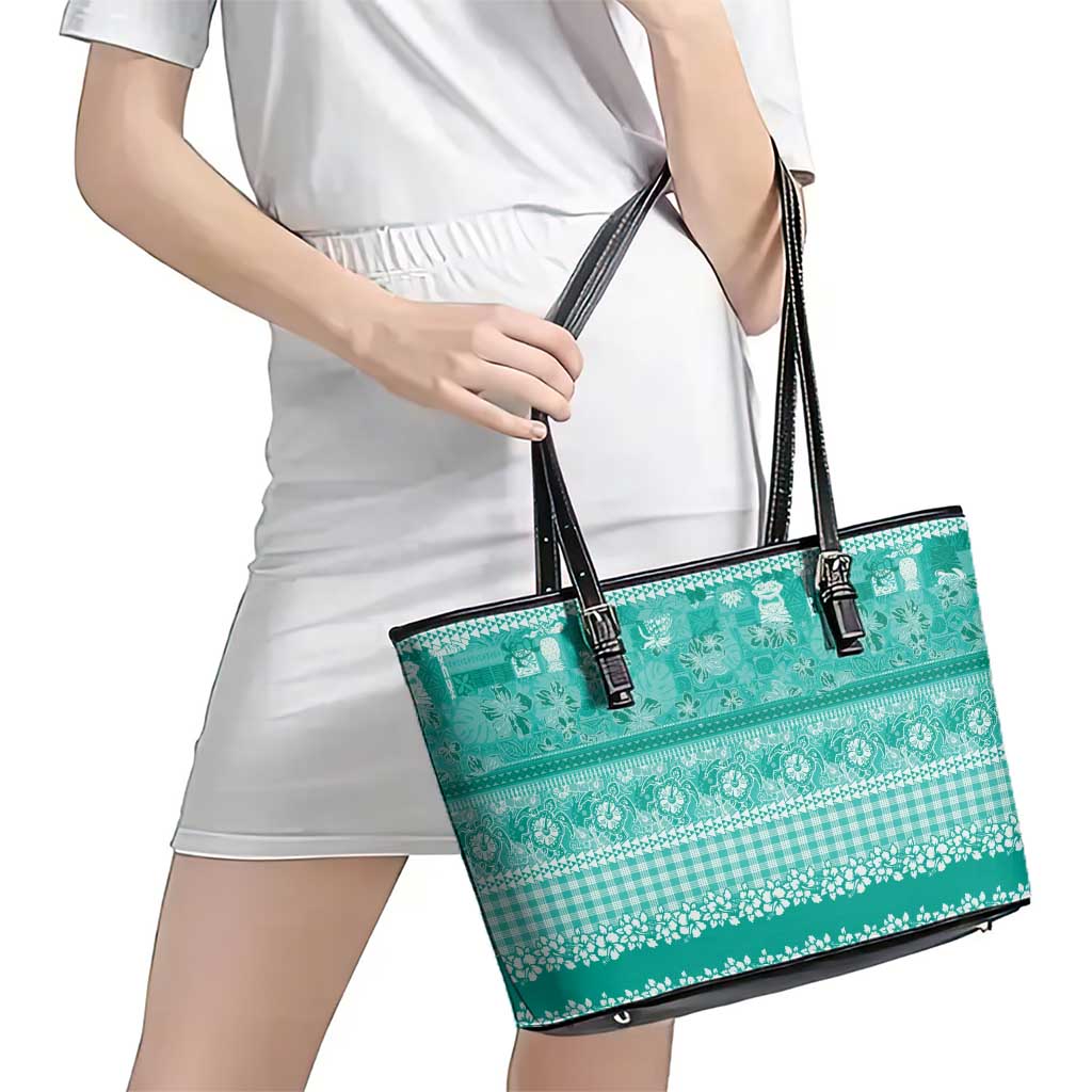 Hawaiian Hibiscus Honu Leather Tote Bag Turquoise Mele Kalikimaka Palaka Spirit - Polynesian Pride