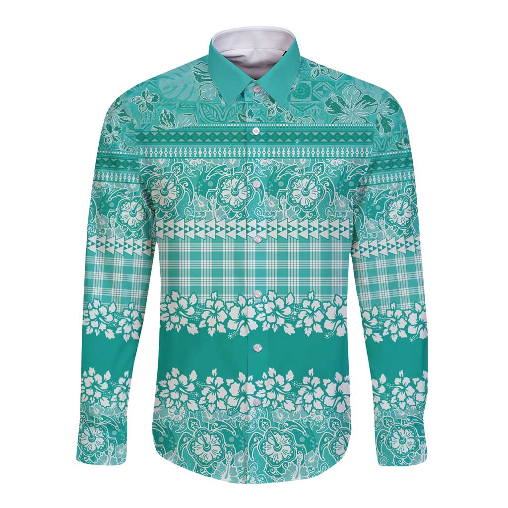 Hawaiian Hibiscus Honu Long Sleeve Button Shirt Turquoise Mele Kalikimaka Palaka Spirit - Polynesian Pride