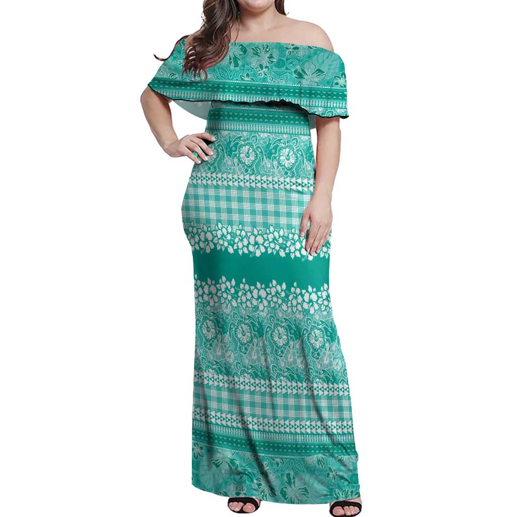 Hawaiian Hibiscus Honu Off Shoulder Maxi Dress Turquoise Mele Kalikimaka Palaka Spirit - Polynesian Pride