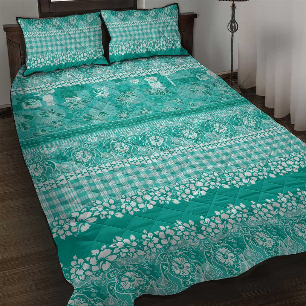 Hawaiian Hibiscus Honu Quilt Bed Set Turquoise Mele Kalikimaka Palaka Spirit - Polynesian Pride