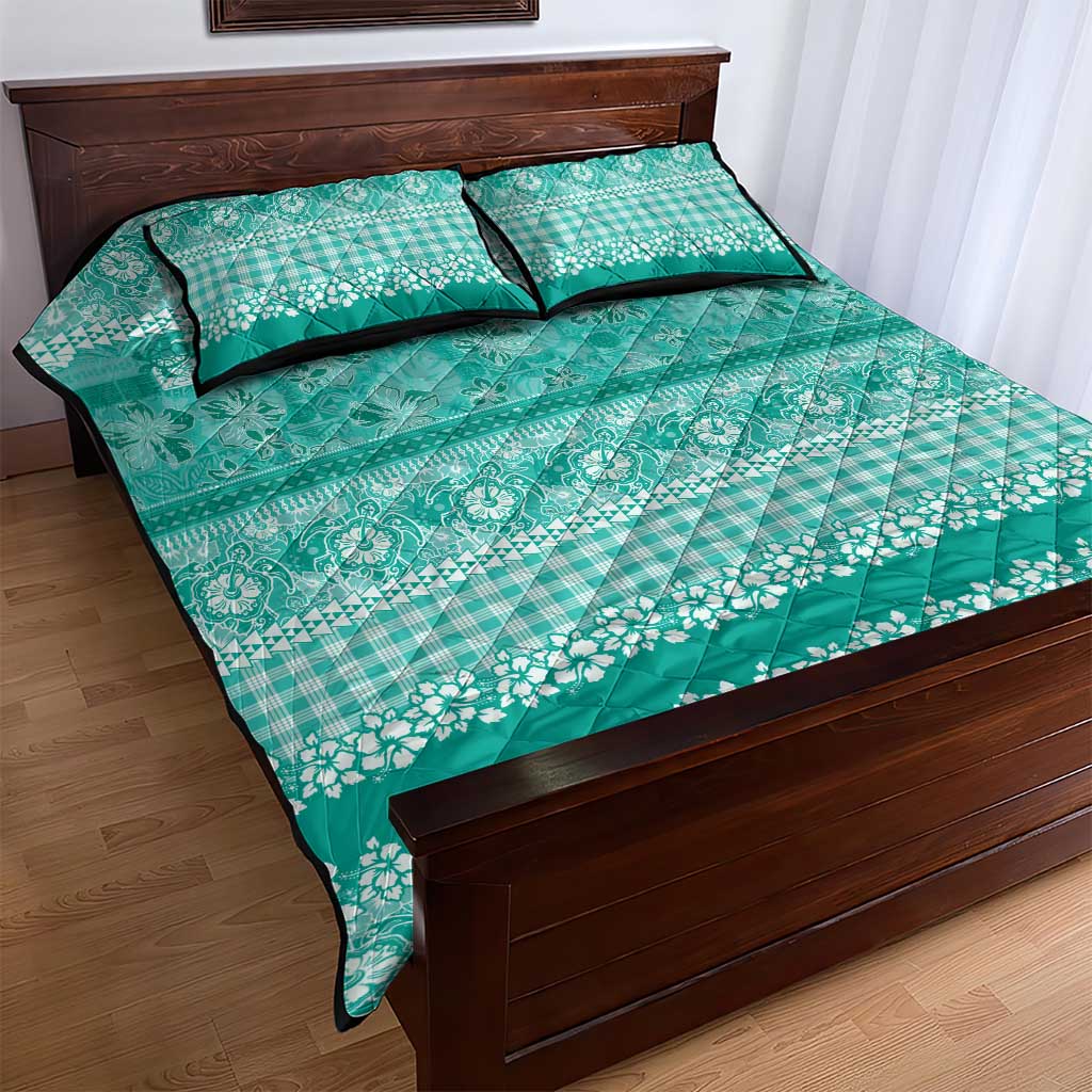 Hawaiian Hibiscus Honu Quilt Bed Set Turquoise Mele Kalikimaka Palaka Spirit - Polynesian Pride