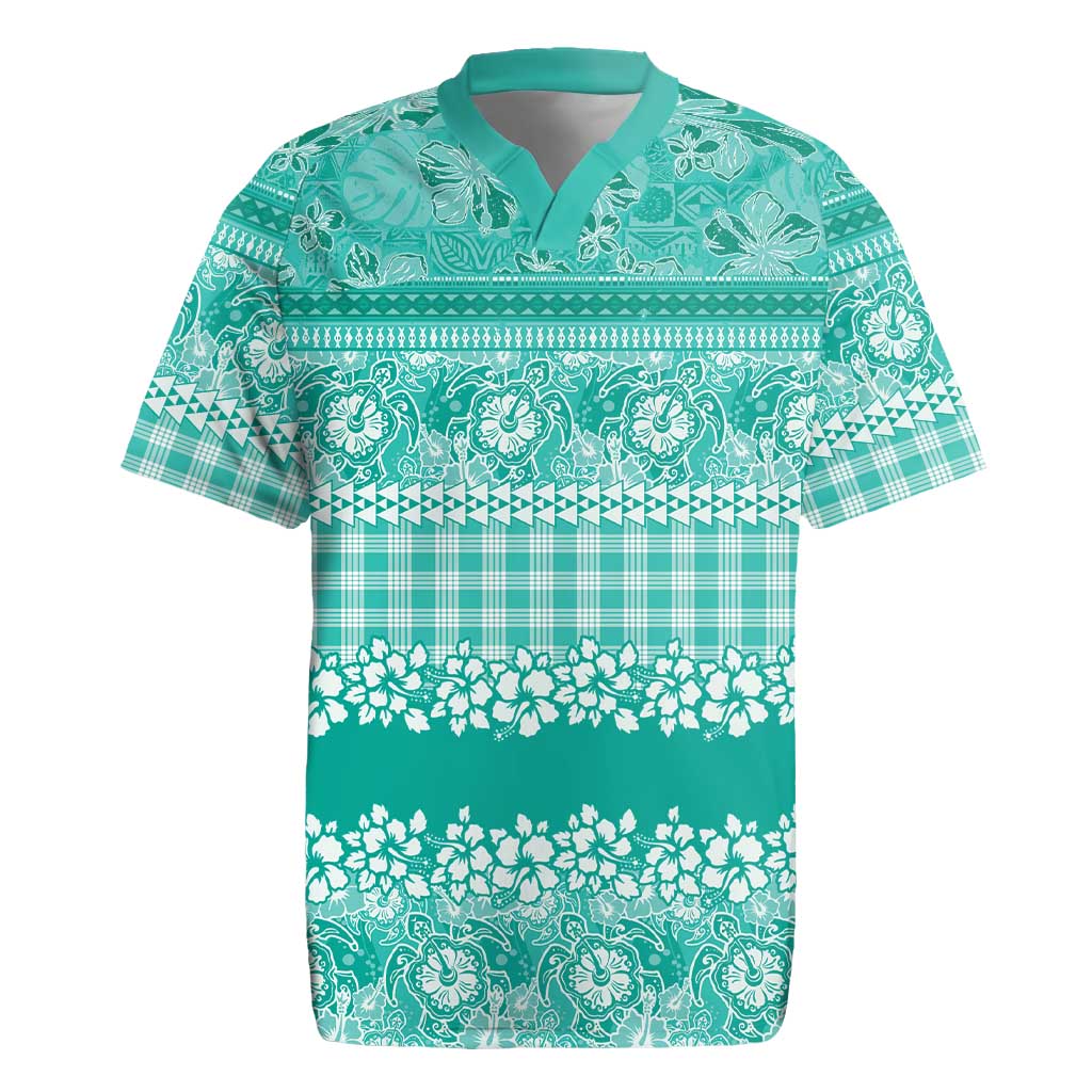 Hawaiian Hibiscus Honu Rugby Jersey Turquoise Mele Kalikimaka Palaka Spirit LT9 Turquoise - Polynesian Pride