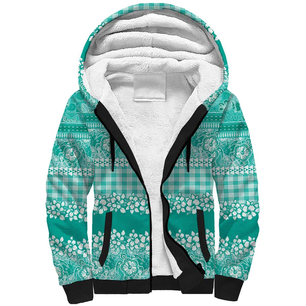Hawaiian Hibiscus Honu Sherpa Hoodie Turquoise Mele Kalikimaka Palaka Spirit - Polynesian Pride