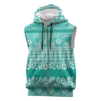 Hawaiian Hibiscus Honu Sleeveless Zip Hoodie Turquoise Mele Kalikimaka Palaka Spirit - Polynesian Pride