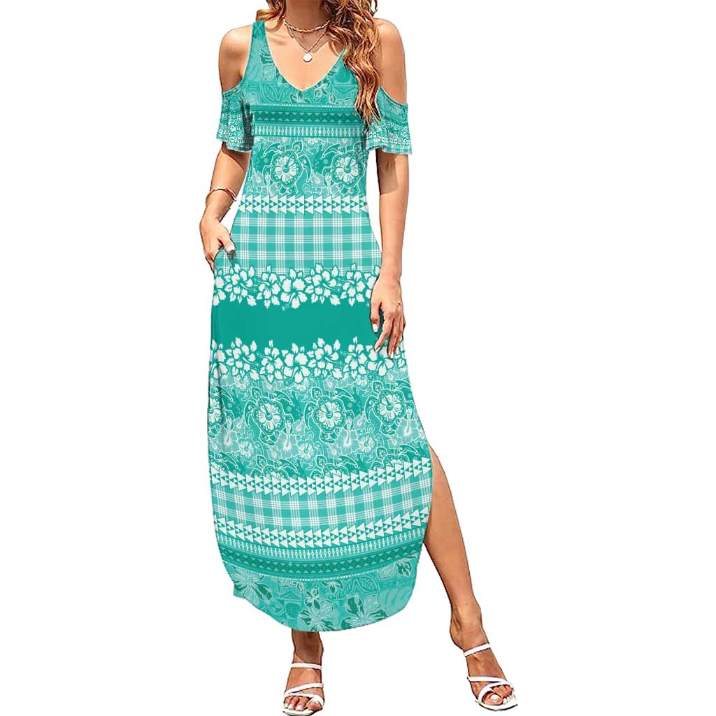 Hawaiian Hibiscus Honu Summer Maxi Dress Turquoise Mele Kalikimaka Palaka Spirit - Polynesian Pride