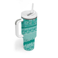 Hawaiian Hibiscus Honu Tumbler With Handle Turquoise Mele Kalikimaka Palaka Spirit - Polynesian Pride