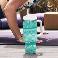 Hawaiian Hibiscus Honu Tumbler With Handle Turquoise Mele Kalikimaka Palaka Spirit - Polynesian Pride