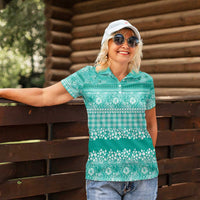 Hawaiian Hibiscus Honu Women Polo Shirt Turquoise Mele Kalikimaka Palaka Spirit - Polynesian Pride