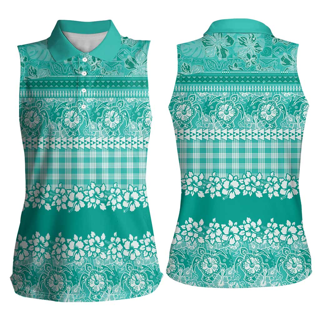 Hawaiian Hibiscus Honu Women Sleeveless Polo Shirt Turquoise Mele Kalikimaka Palaka Spirit - Polynesian Pride