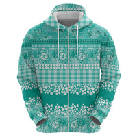 Hawaiian Hibiscus Honu Zip Hoodie Turquoise Mele Kalikimaka Palaka Spirit - Polynesian Pride