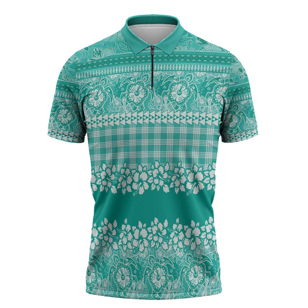 Hawaiian Hibiscus Honu Zipper Polo Shirt Turquoise Mele Kalikimaka Palaka Spirit - Polynesian Pride
