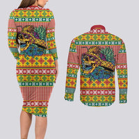 Hawaiian Pineapples Skull Couples Matching Long Sleeve Bodycon Dress and Long Sleeve Button Shirt Mele Kalikimaka Palaka Quilt Pattern - Polynesian Pride