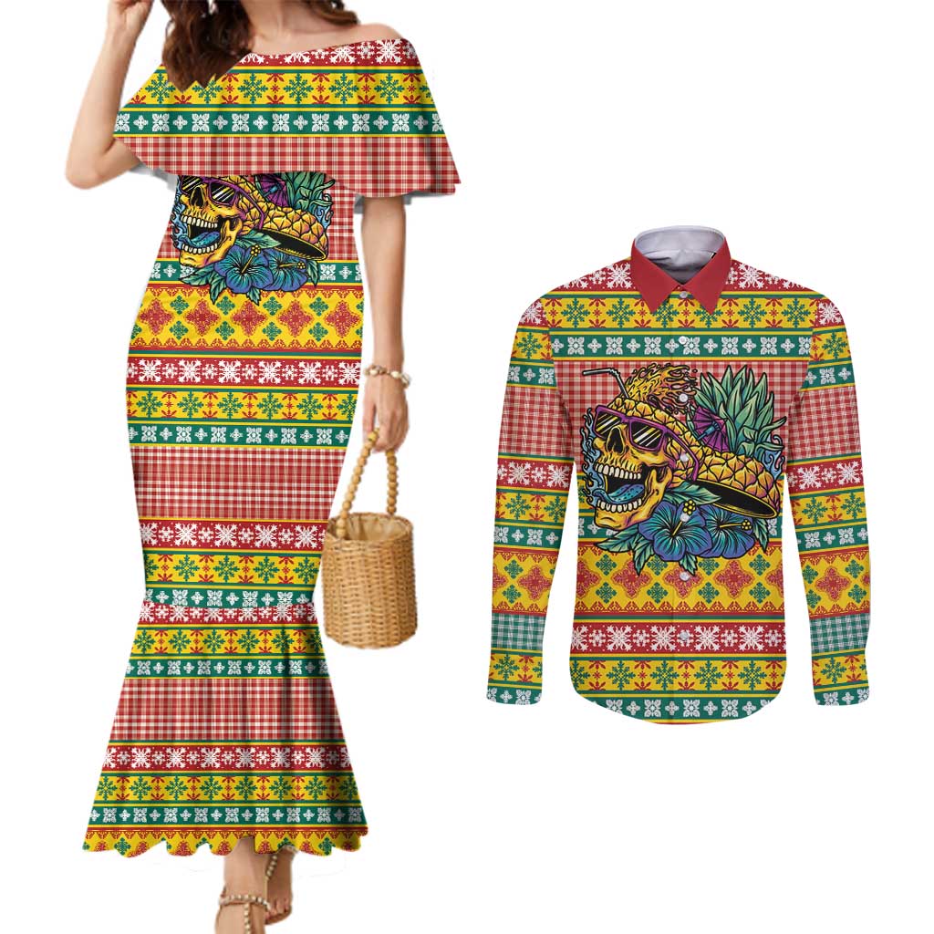 Hawaiian Pineapples Skull Couples Matching Mermaid Dress and Long Sleeve Button Shirt Mele Kalikimaka Palaka Quilt Pattern - Polynesian Pride