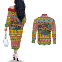 Hawaiian Pineapples Skull Couples Matching Off The Shoulder Long Sleeve Dress and Long Sleeve Button Shirt Mele Kalikimaka Palaka Quilt Pattern - Polynesian Pride