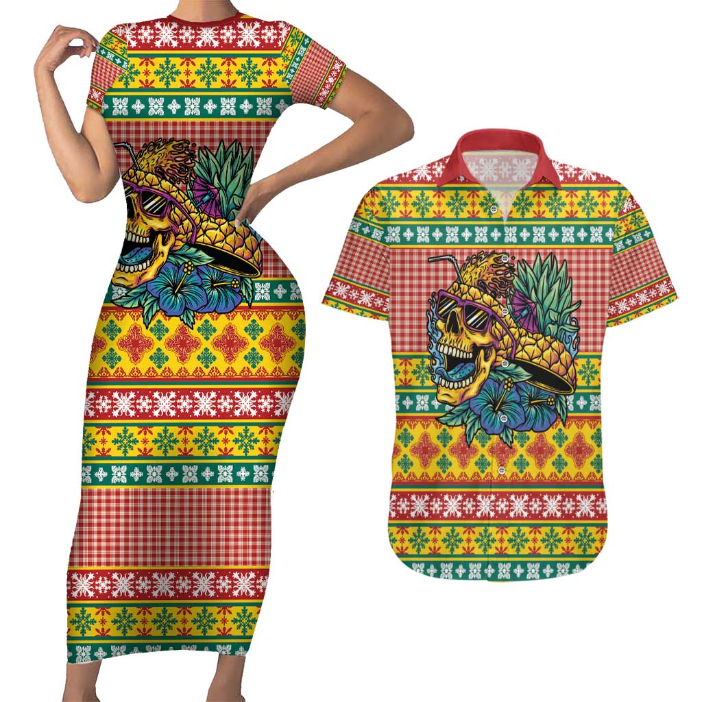 Hawaiian Pineapples Skull Couples Matching Short Sleeve Bodycon Dress and Hawaiian Shirt Mele Kalikimaka Palaka Quilt Pattern - Polynesian Pride