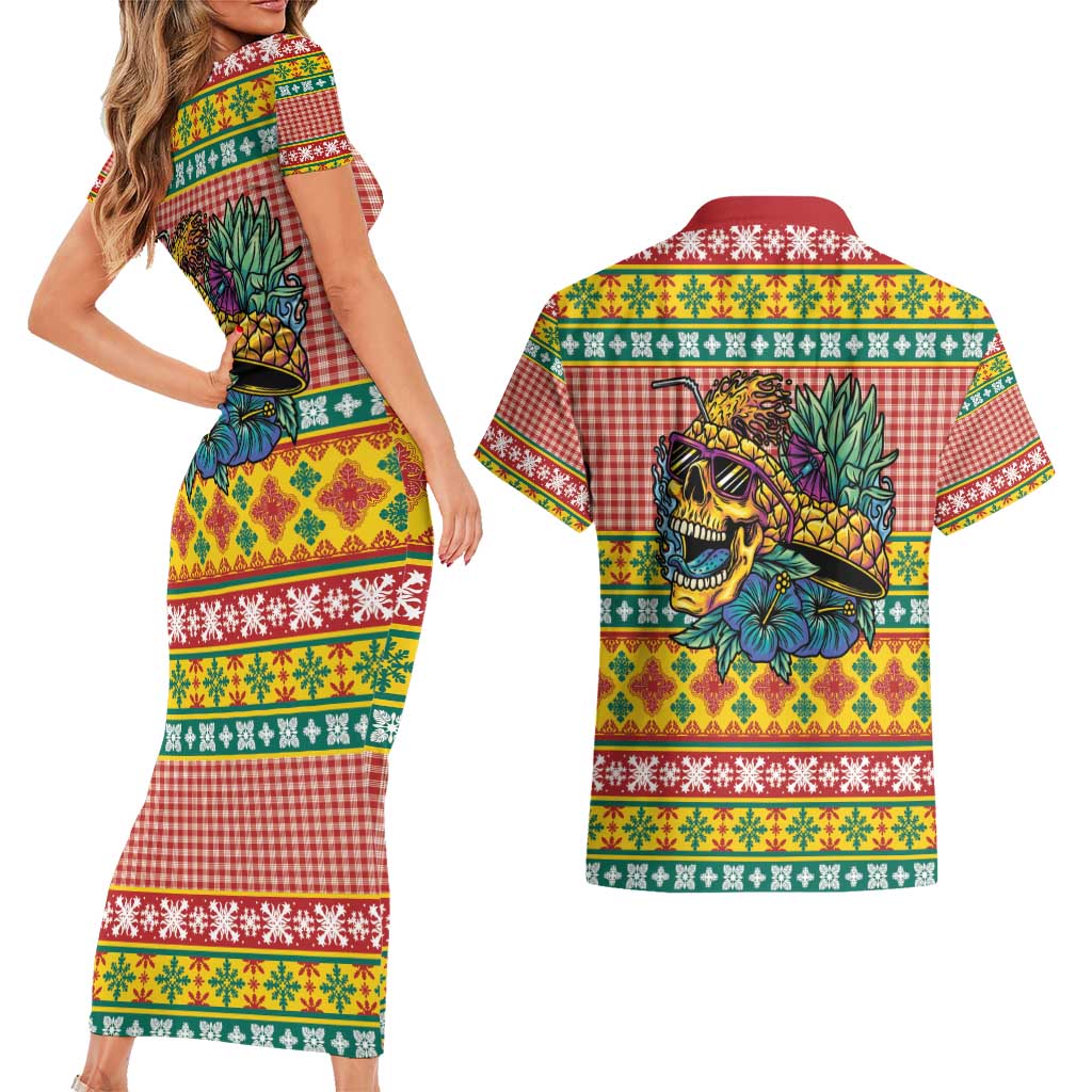 Hawaiian Pineapples Skull Couples Matching Short Sleeve Bodycon Dress and Hawaiian Shirt Mele Kalikimaka Palaka Quilt Pattern - Polynesian Pride
