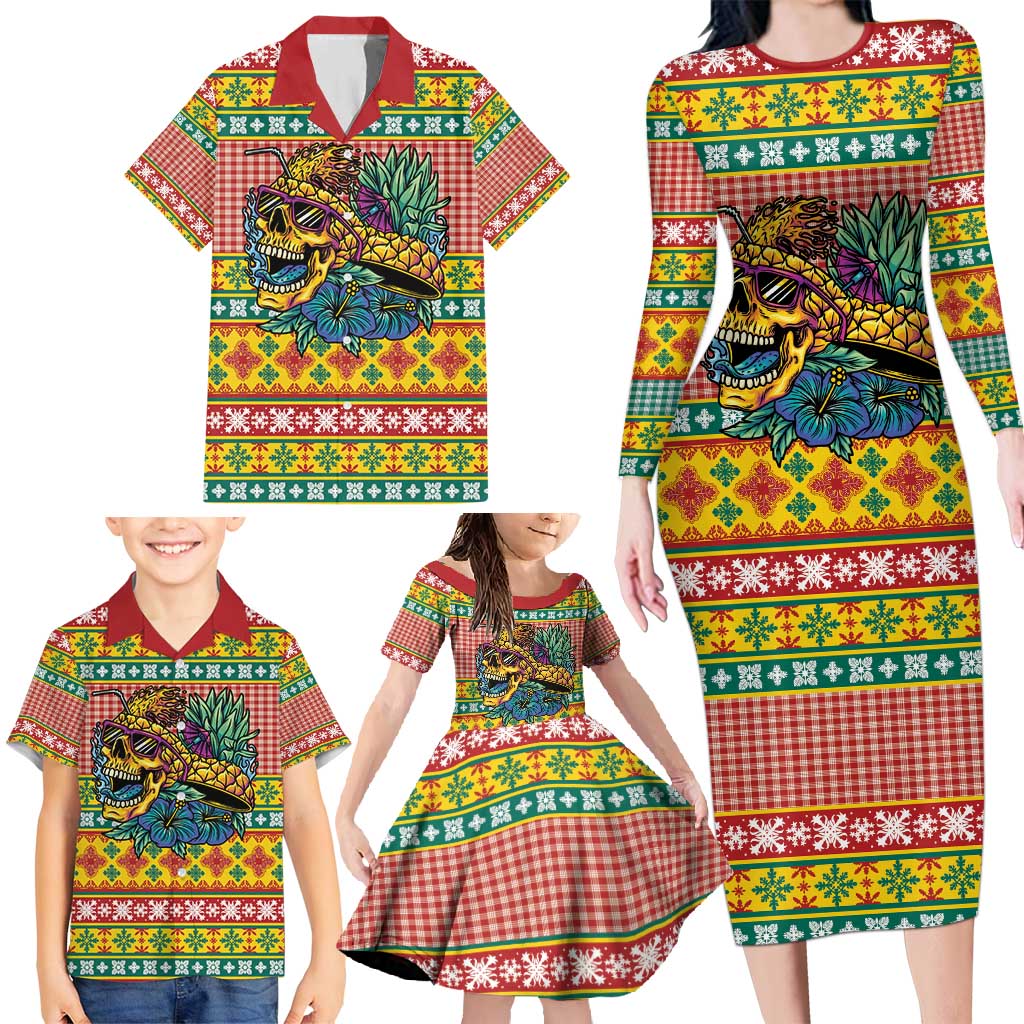 Hawaiian Pineapples Skull Family Matching Long Sleeve Bodycon Dress and Hawaiian Shirt Mele Kalikimaka Palaka Quilt Pattern - Polynesian Pride