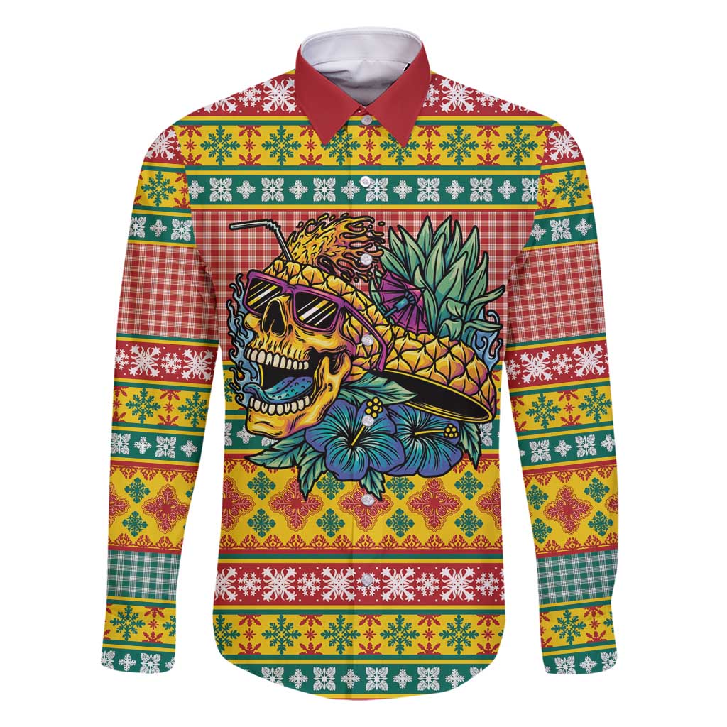 Hawaiian Pineapples Skull Family Matching Long Sleeve Bodycon Dress and Hawaiian Shirt Mele Kalikimaka Palaka Quilt Pattern - Polynesian Pride