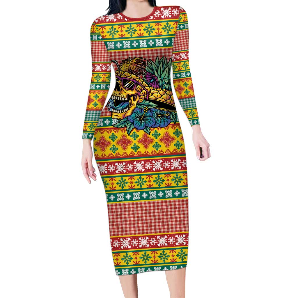 Hawaiian Pineapples Skull Family Matching Long Sleeve Bodycon Dress and Hawaiian Shirt Mele Kalikimaka Palaka Quilt Pattern - Polynesian Pride