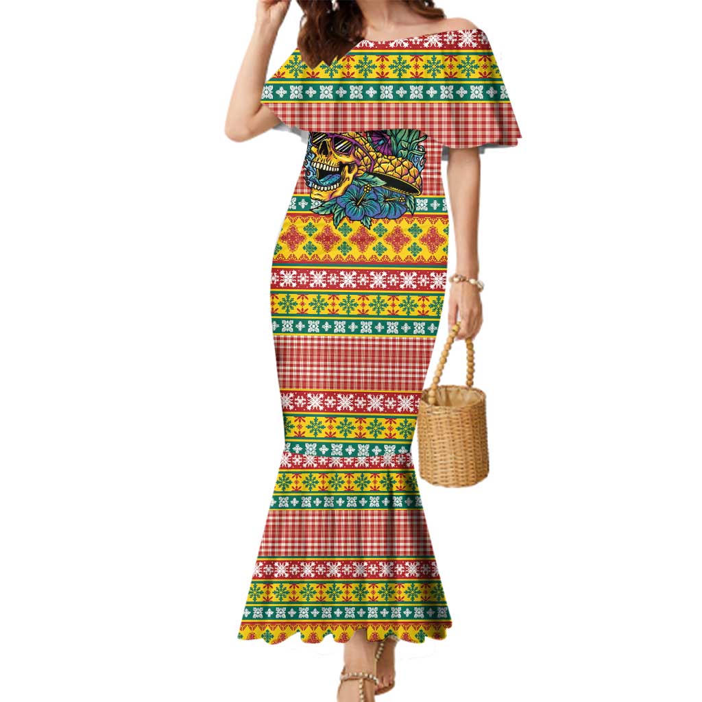 Hawaiian Pineapples Skull Family Matching Mermaid Dress and Hawaiian Shirt Mele Kalikimaka Palaka Quilt Pattern - Polynesian Pride