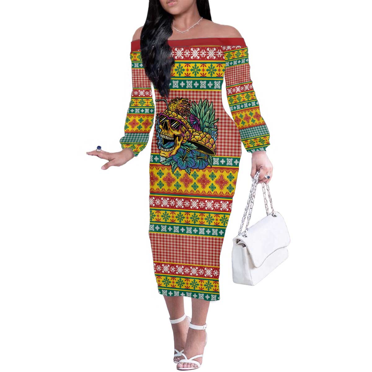 Hawaiian Pineapples Skull Family Matching Off The Shoulder Long Sleeve Dress and Hawaiian Shirt Mele Kalikimaka Palaka Quilt Pattern - Polynesian Pride