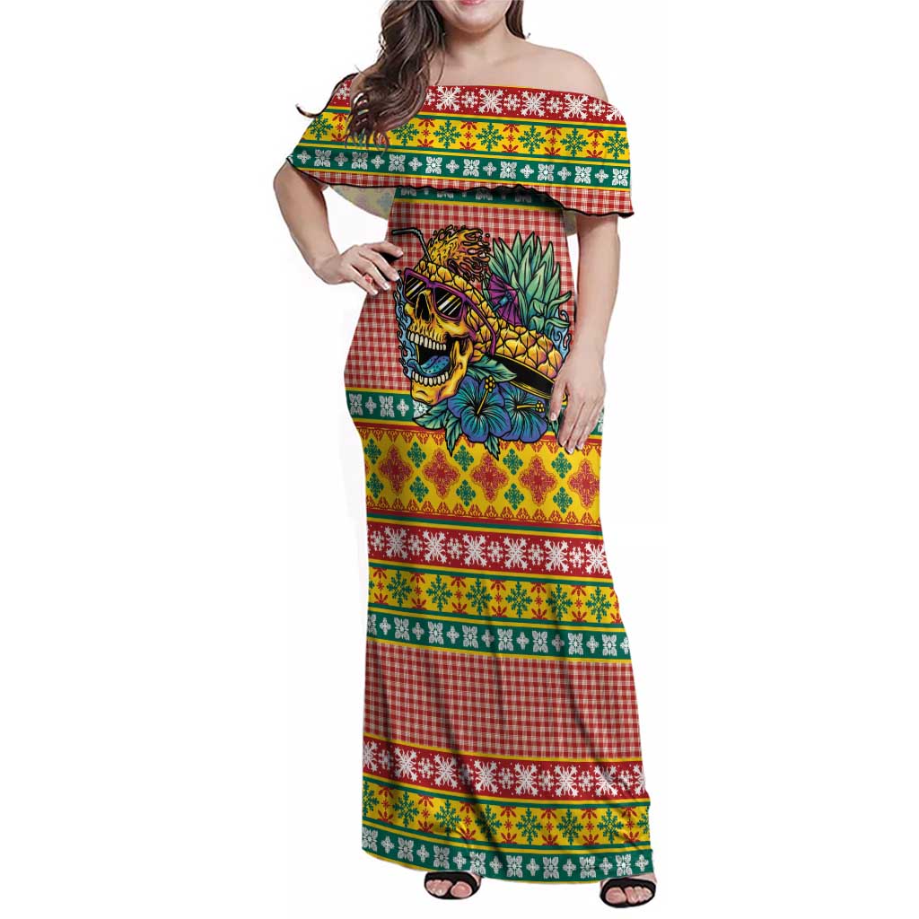 Hawaiian Pineapples Skull Family Matching Off Shoulder Maxi Dress and Hawaiian Shirt Mele Kalikimaka Palaka Quilt Pattern - Polynesian Pride