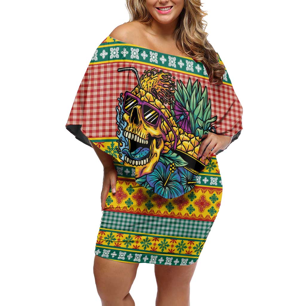 Hawaiian Pineapples Skull Family Matching Off Shoulder Short Dress and Hawaiian Shirt Mele Kalikimaka Palaka Quilt Pattern - Polynesian Pride