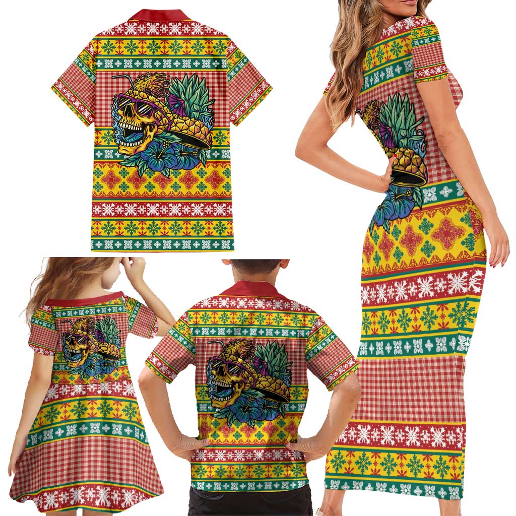 Hawaiian Pineapples Skull Family Matching Short Sleeve Bodycon Dress and Hawaiian Shirt Mele Kalikimaka Palaka Quilt Pattern - Polynesian Pride