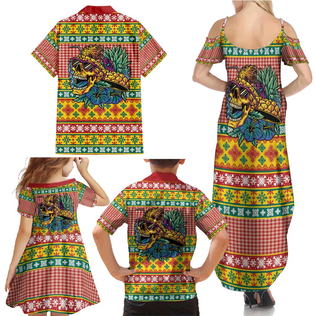 Hawaiian Pineapples Skull Family Matching Summer Maxi Dress and Hawaiian Shirt Mele Kalikimaka Palaka Quilt Pattern - Polynesian Pride