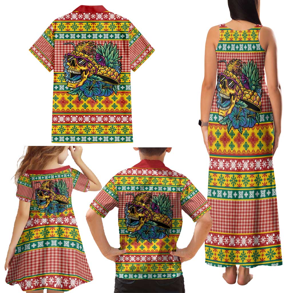 Hawaiian Pineapples Skull Family Matching Tank Maxi Dress and Hawaiian Shirt Mele Kalikimaka Palaka Quilt Pattern - Polynesian Pride