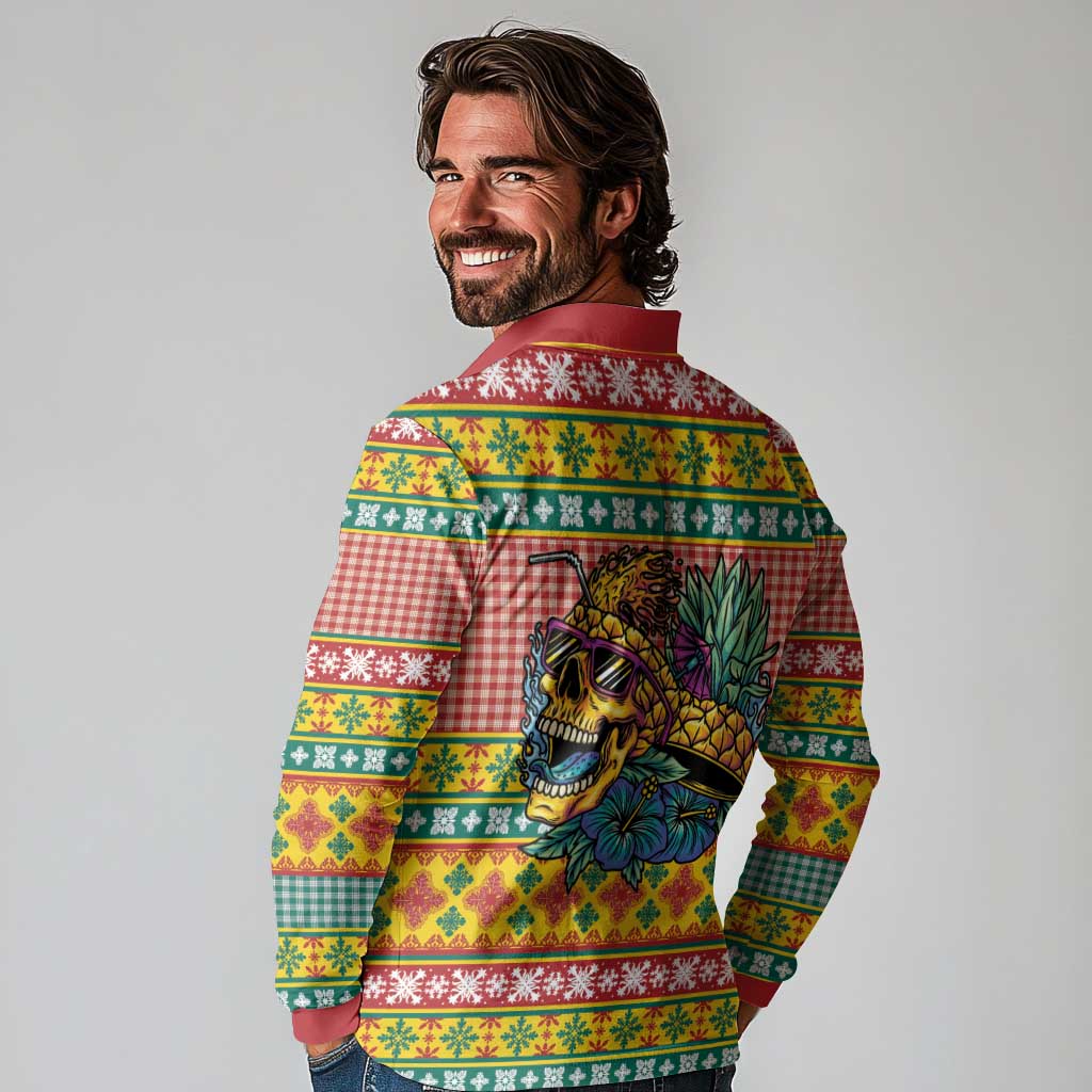 Hawaiian Pineapples Skull Long Sleeve Polo Shirt Mele Kalikimaka Palaka Quilt Pattern - Polynesian Pride