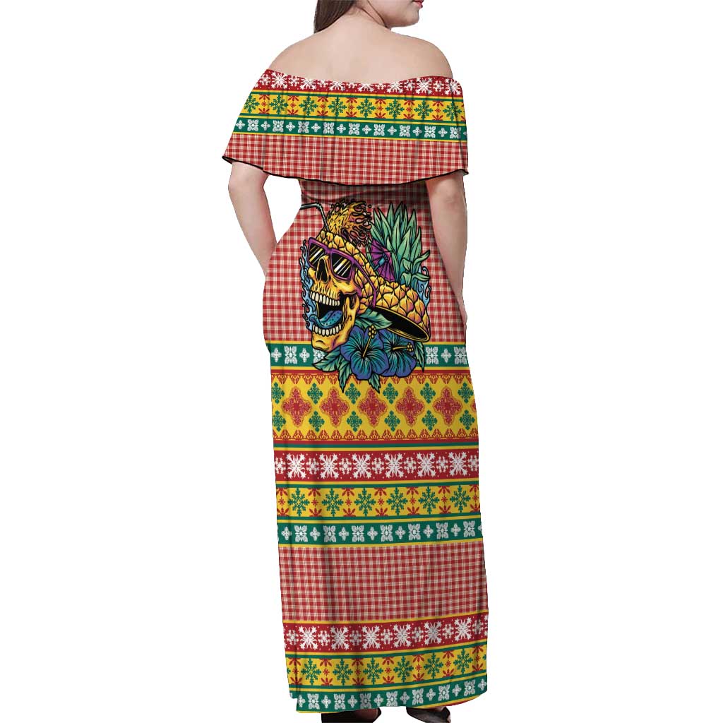 Hawaiian Pineapples Skull Off Shoulder Maxi Dress Mele Kalikimaka Palaka Quilt Pattern - Polynesian Pride