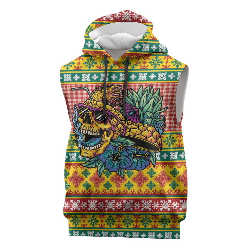 Hawaiian Pineapples Skull Sleeveless Hoodie Mele Kalikimaka Palaka Quilt Pattern - Polynesian Pride