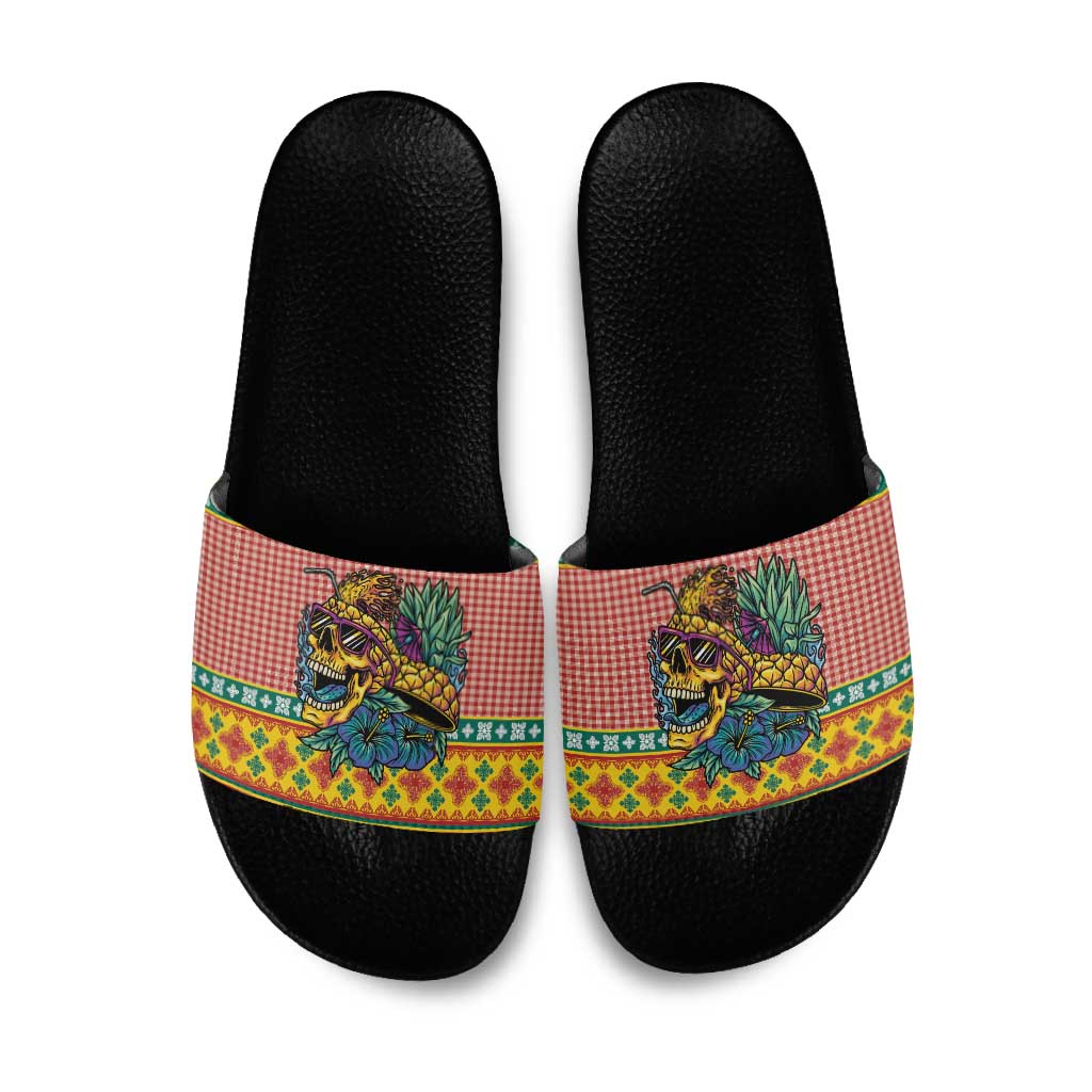 Hawaiian Pineapples Skull Slide Sandals Mele Kalikimaka Palaka Quilt Pattern - Polynesian Pride