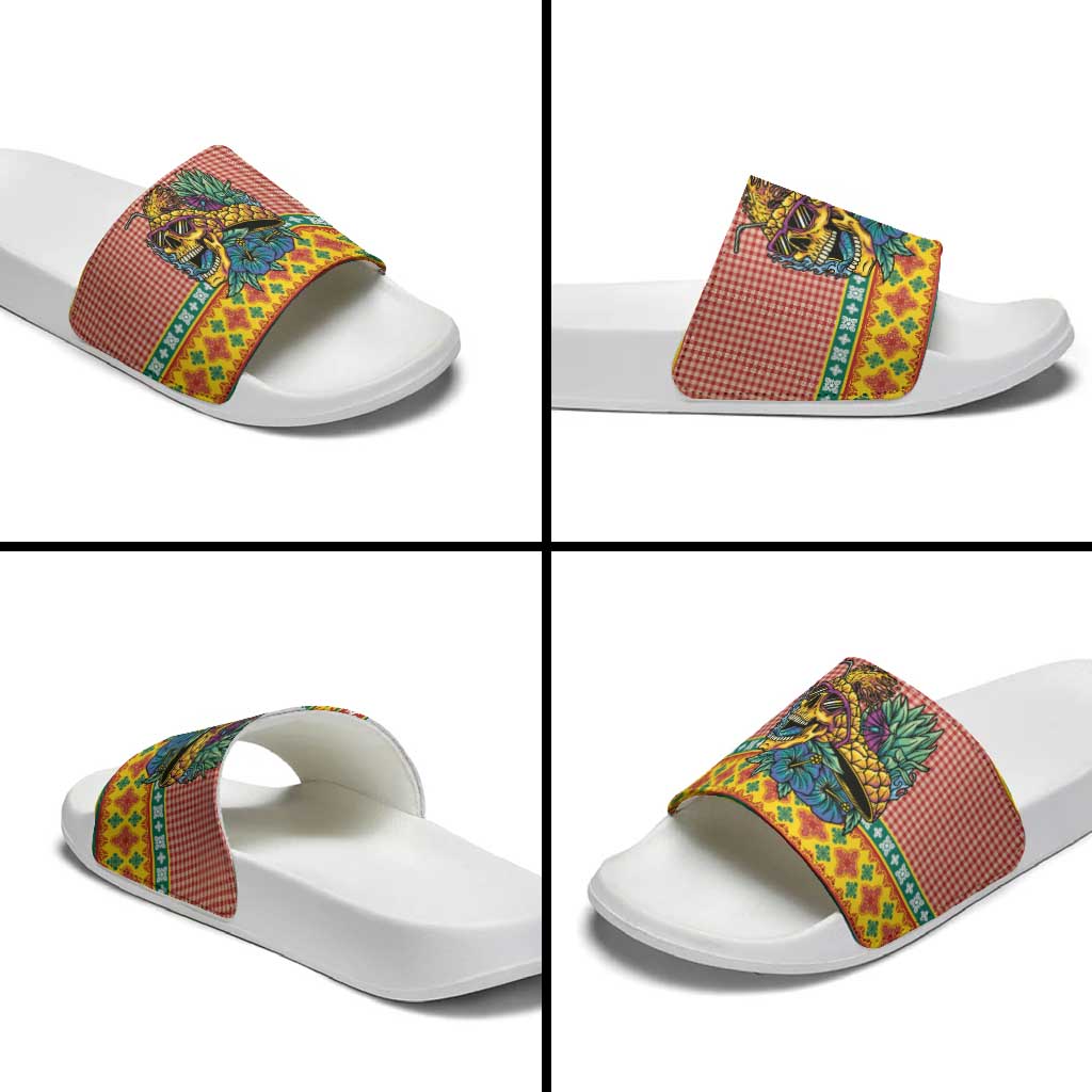 Hawaiian Pineapples Skull Slide Sandals Mele Kalikimaka Palaka Quilt Pattern - Polynesian Pride