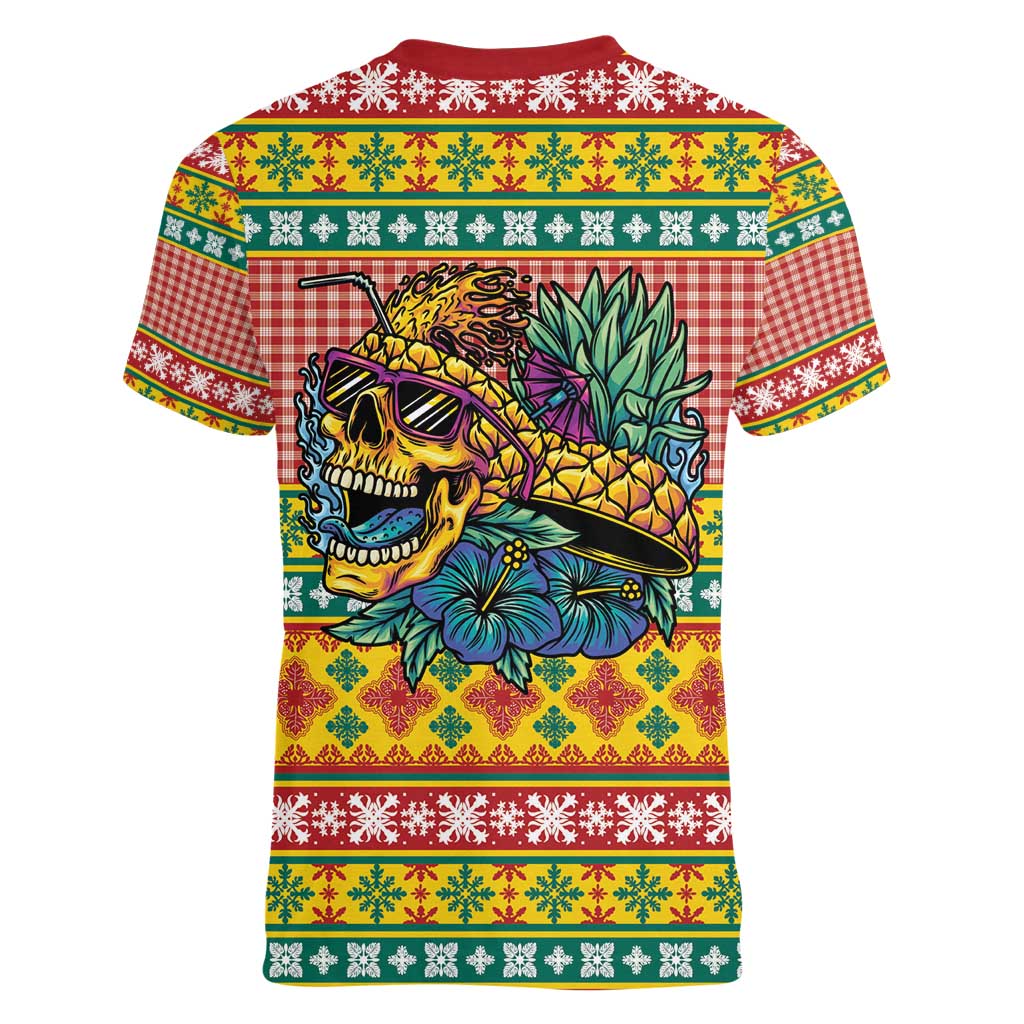 Hawaiian Pineapples Skull Women V-Neck T-Shirt Mele Kalikimaka Palaka Quilt Pattern - Polynesian Pride