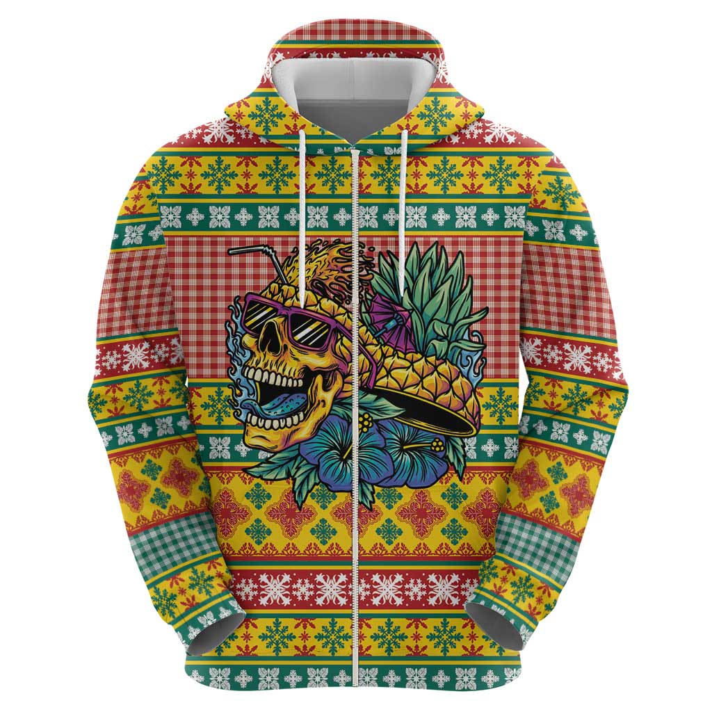 Hawaiian Pineapples Skull Zip Hoodie Mele Kalikimaka Palaka Quilt Pattern - Polynesian Pride