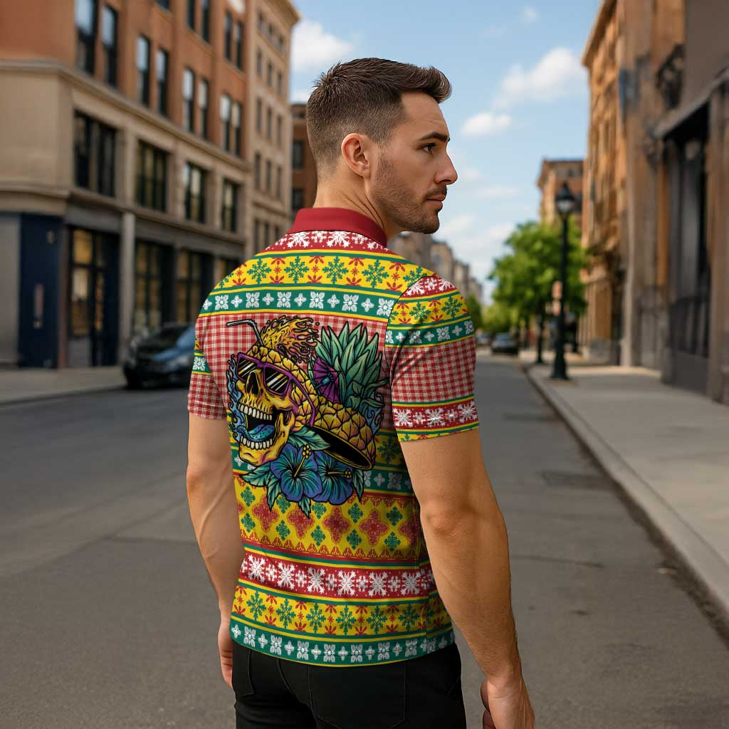 Hawaiian Pineapples Skull Zipper Polo Shirt Mele Kalikimaka Palaka Quilt Pattern - Polynesian Pride