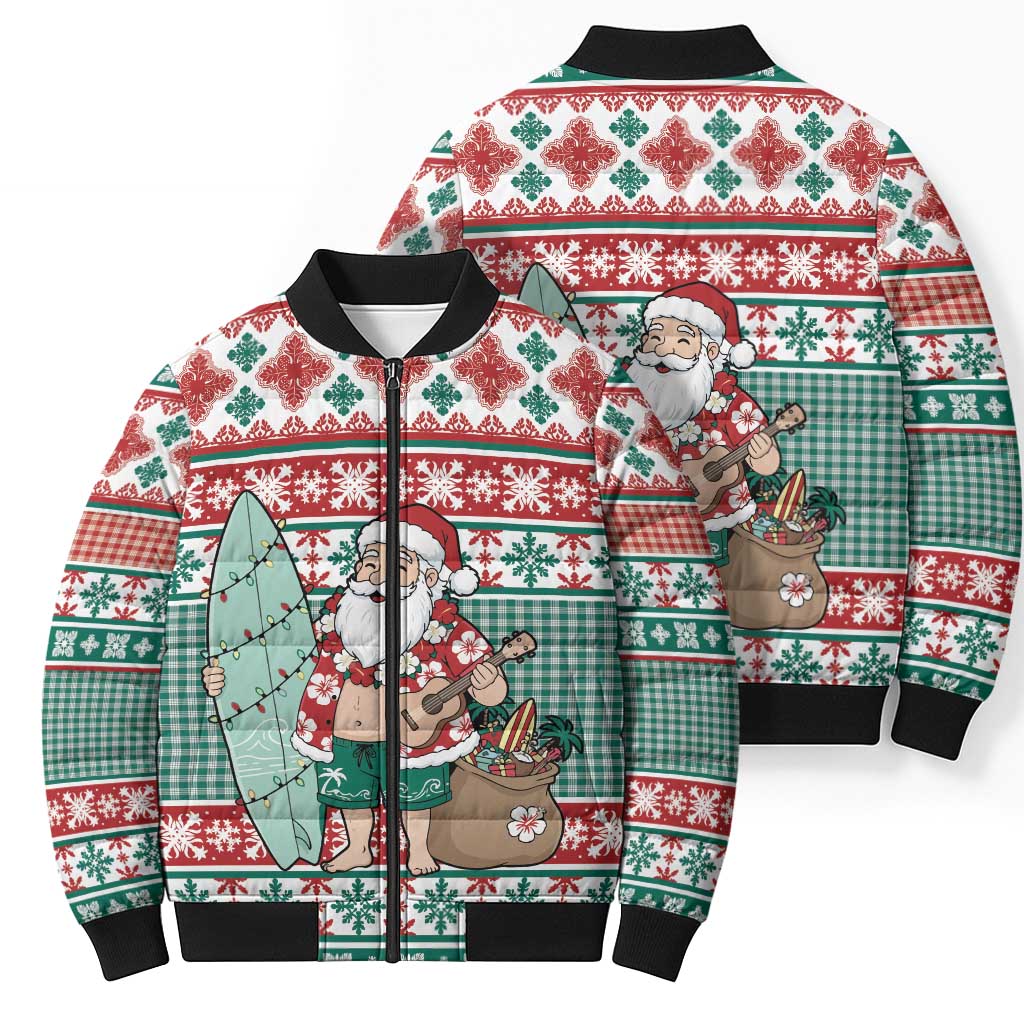 Hawaiian Funny Santa Surf Bomber Puffer Jacket Mele Kalikimaka Palaka Quilt Pattern - Polynesian Pride