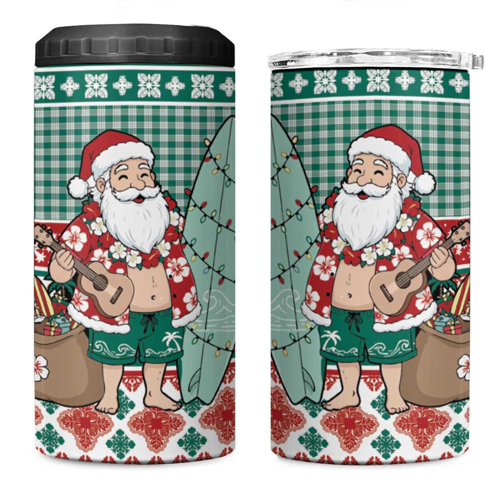 Hawaiian Funny Santa Surf 4 in 1 Can Cooler Tumbler Mele Kalikimaka Palaka Quilt Pattern - Polynesian Pride