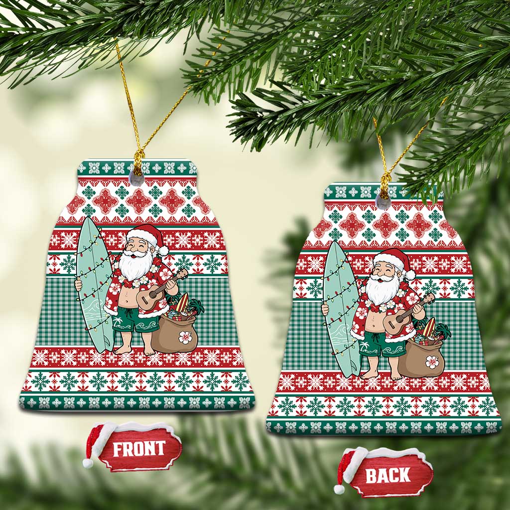 Hawaiian Funny Santa Surf Ceramic Ornament Mele Kalikimaka Palaka Quilt Pattern - Polynesian Pride