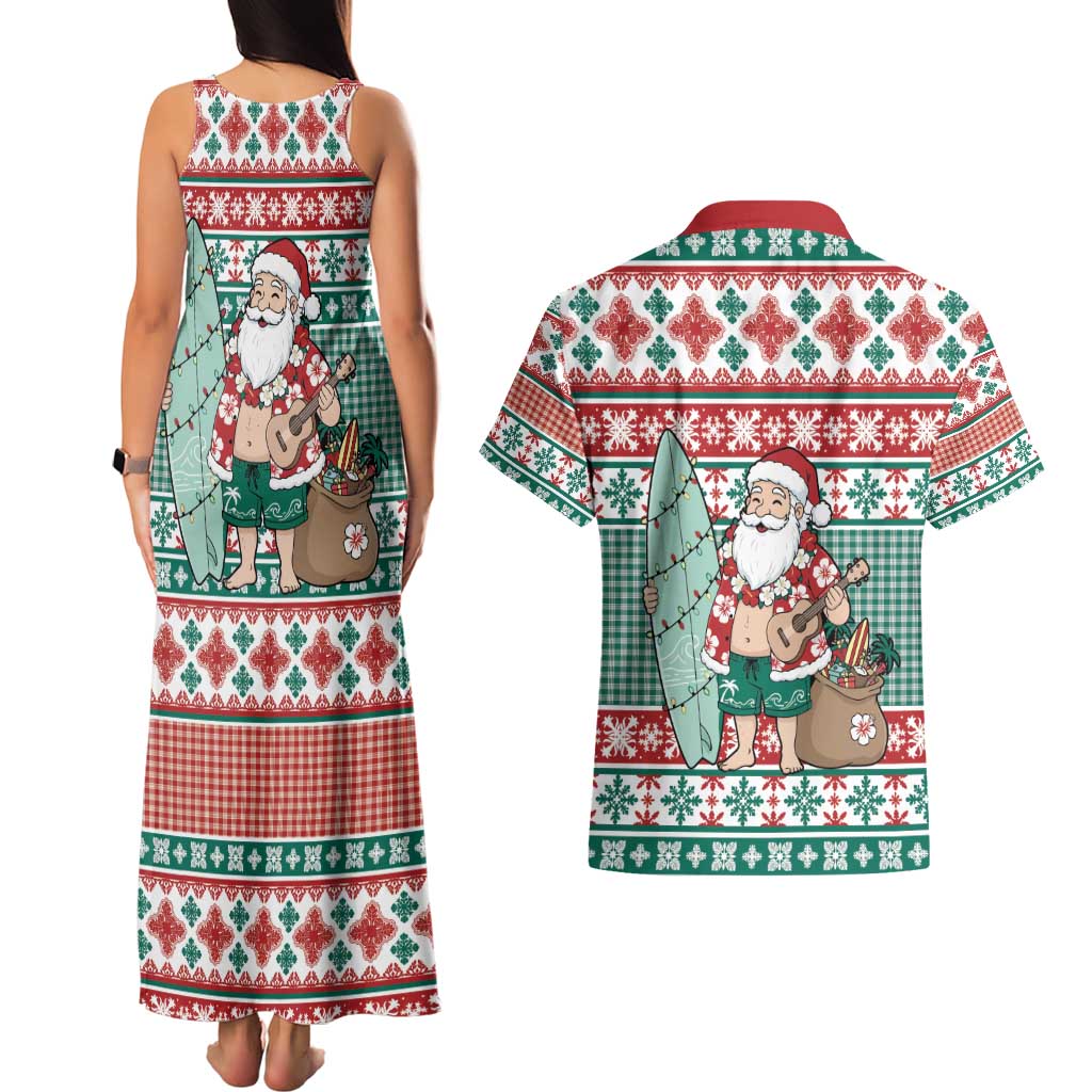 Hawaiian Funny Santa Surf Couples Matching Tank Maxi Dress and Hawaiian Shirt Mele Kalikimaka Palaka Quilt Pattern - Polynesian Pride