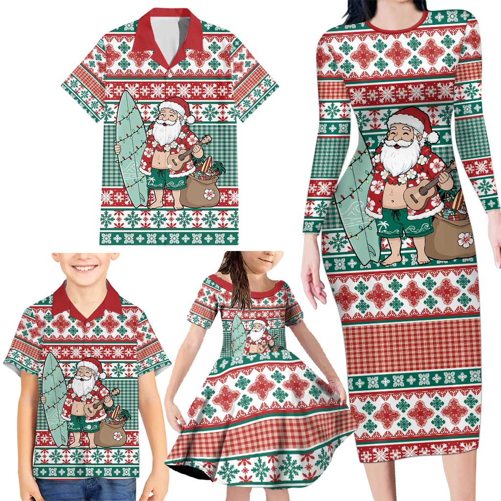 Hawaiian Funny Santa Surf Family Matching Long Sleeve Bodycon Dress and Hawaiian Shirt Mele Kalikimaka Palaka Quilt Pattern - Polynesian Pride