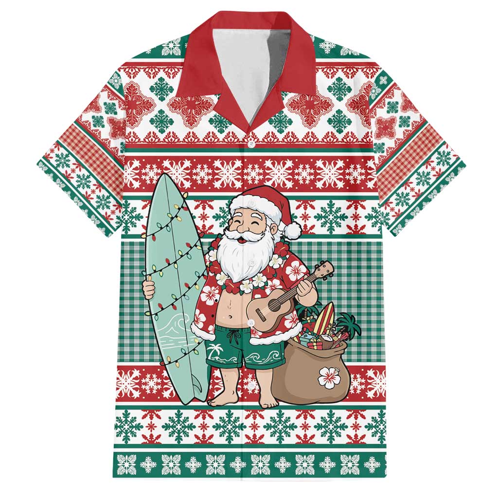 Hawaiian Funny Santa Surf Family Matching Long Sleeve Bodycon Dress and Hawaiian Shirt Mele Kalikimaka Palaka Quilt Pattern - Polynesian Pride