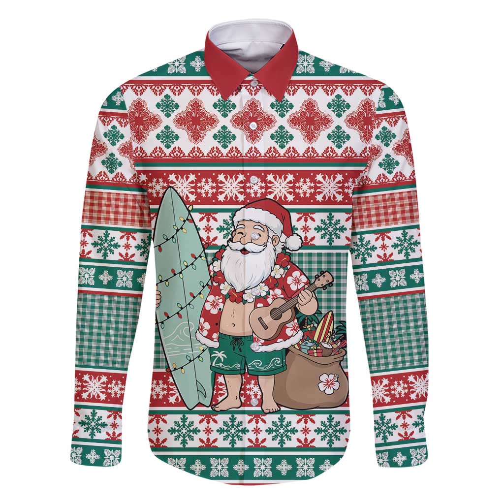 Hawaiian Funny Santa Surf Family Matching Long Sleeve Bodycon Dress and Hawaiian Shirt Mele Kalikimaka Palaka Quilt Pattern - Polynesian Pride