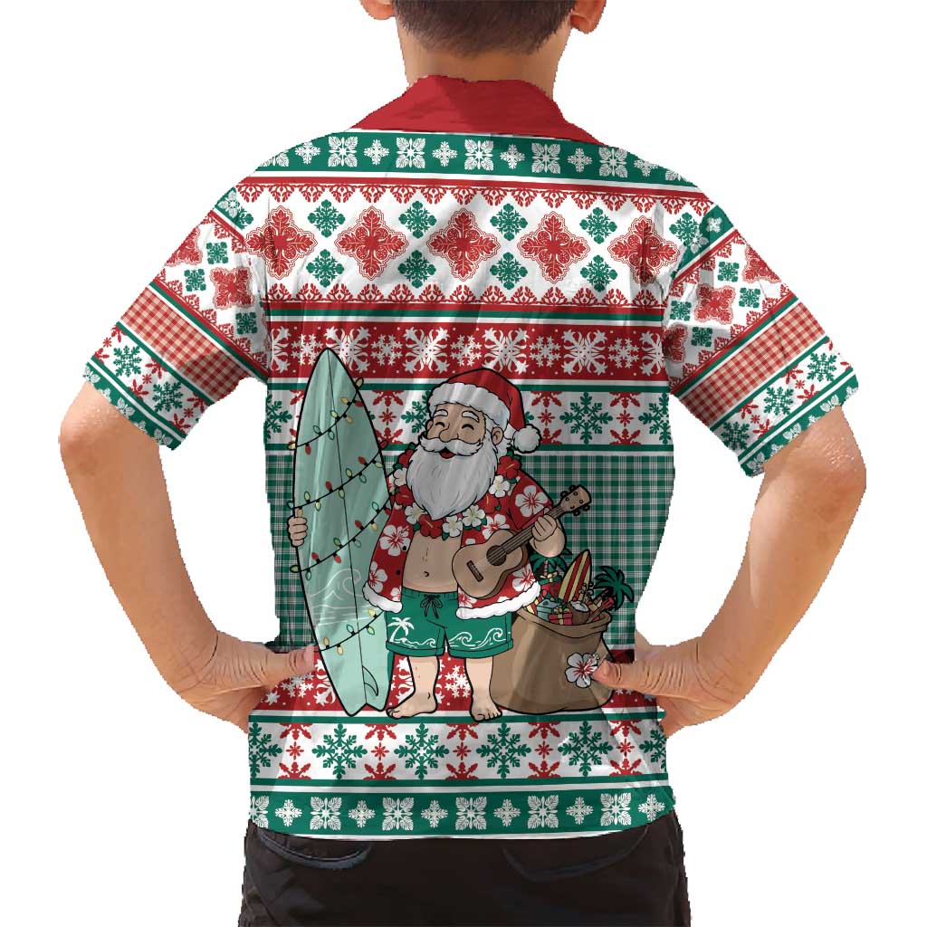 Hawaiian Funny Santa Surf Family Matching Off Shoulder Maxi Dress and Hawaiian Shirt Mele Kalikimaka Palaka Quilt Pattern - Polynesian Pride