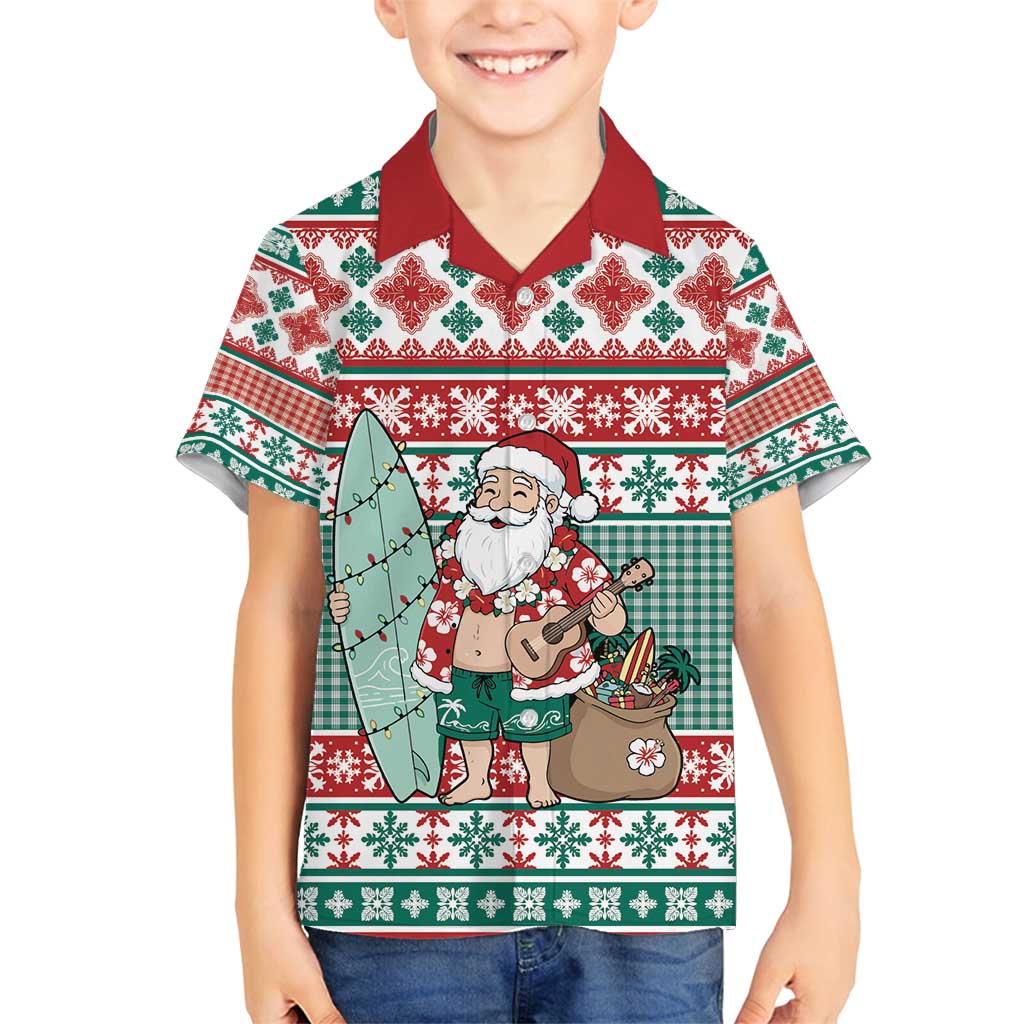 Hawaiian Funny Santa Surf Family Matching Off Shoulder Maxi Dress and Hawaiian Shirt Mele Kalikimaka Palaka Quilt Pattern - Polynesian Pride