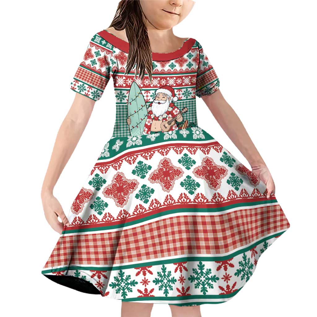 Hawaiian Funny Santa Surf Family Matching Off Shoulder Short Dress and Hawaiian Shirt Mele Kalikimaka Palaka Quilt Pattern - Polynesian Pride