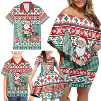 Hawaiian Funny Santa Surf Family Matching Off Shoulder Short Dress and Hawaiian Shirt Mele Kalikimaka Palaka Quilt Pattern - Polynesian Pride