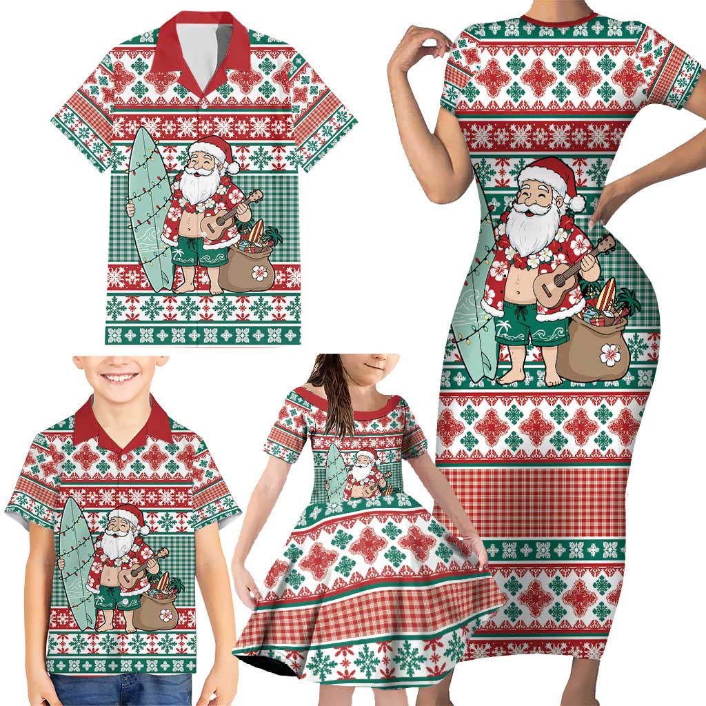 Hawaiian Funny Santa Surf Family Matching Short Sleeve Bodycon Dress and Hawaiian Shirt Mele Kalikimaka Palaka Quilt Pattern - Polynesian Pride